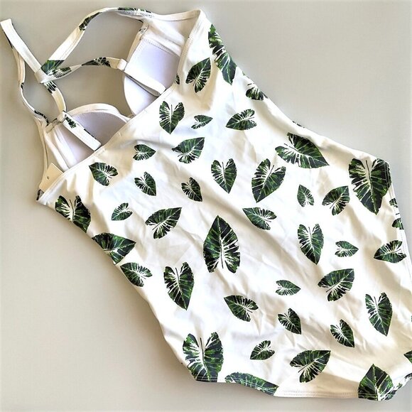 TROPICAL PALM LEAF MONOKINI RUCHED TUMMY ONE PIECE SWIMSUIT - Picture 5 of 12
